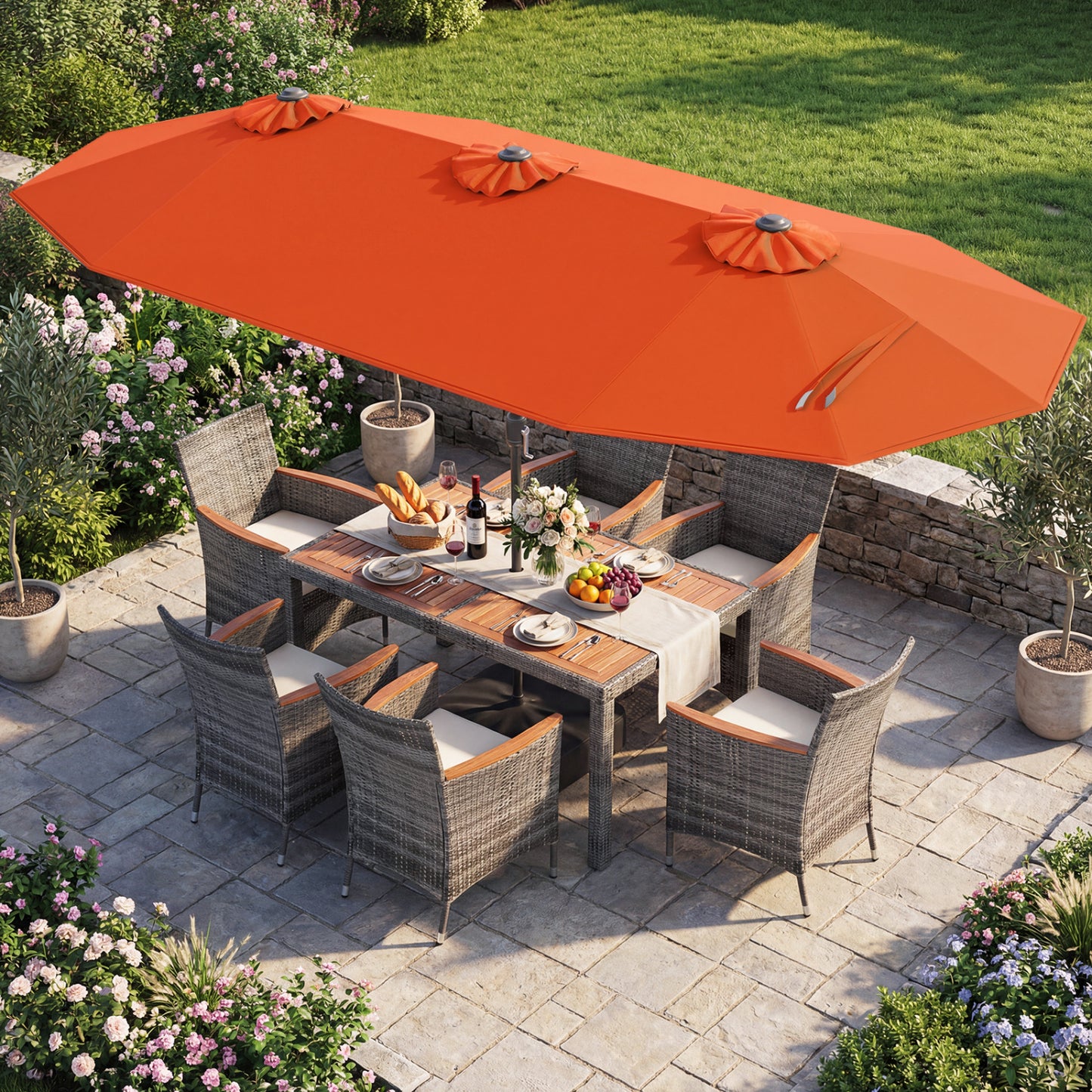 8-Piece Patio Dining Set with Double-Sided Market Umbrella-Orange