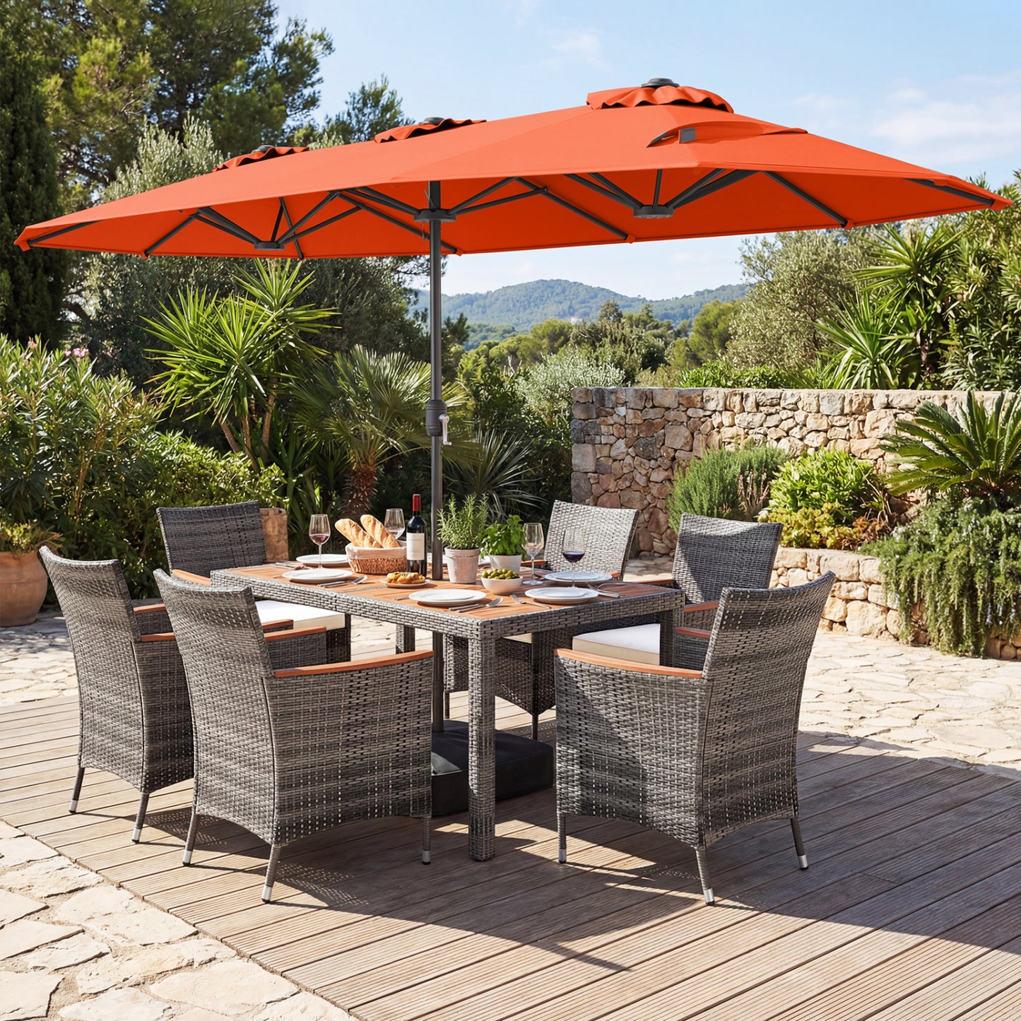 8-Piece Patio Dining Set with Double-Sided Market Umbrella-Orange