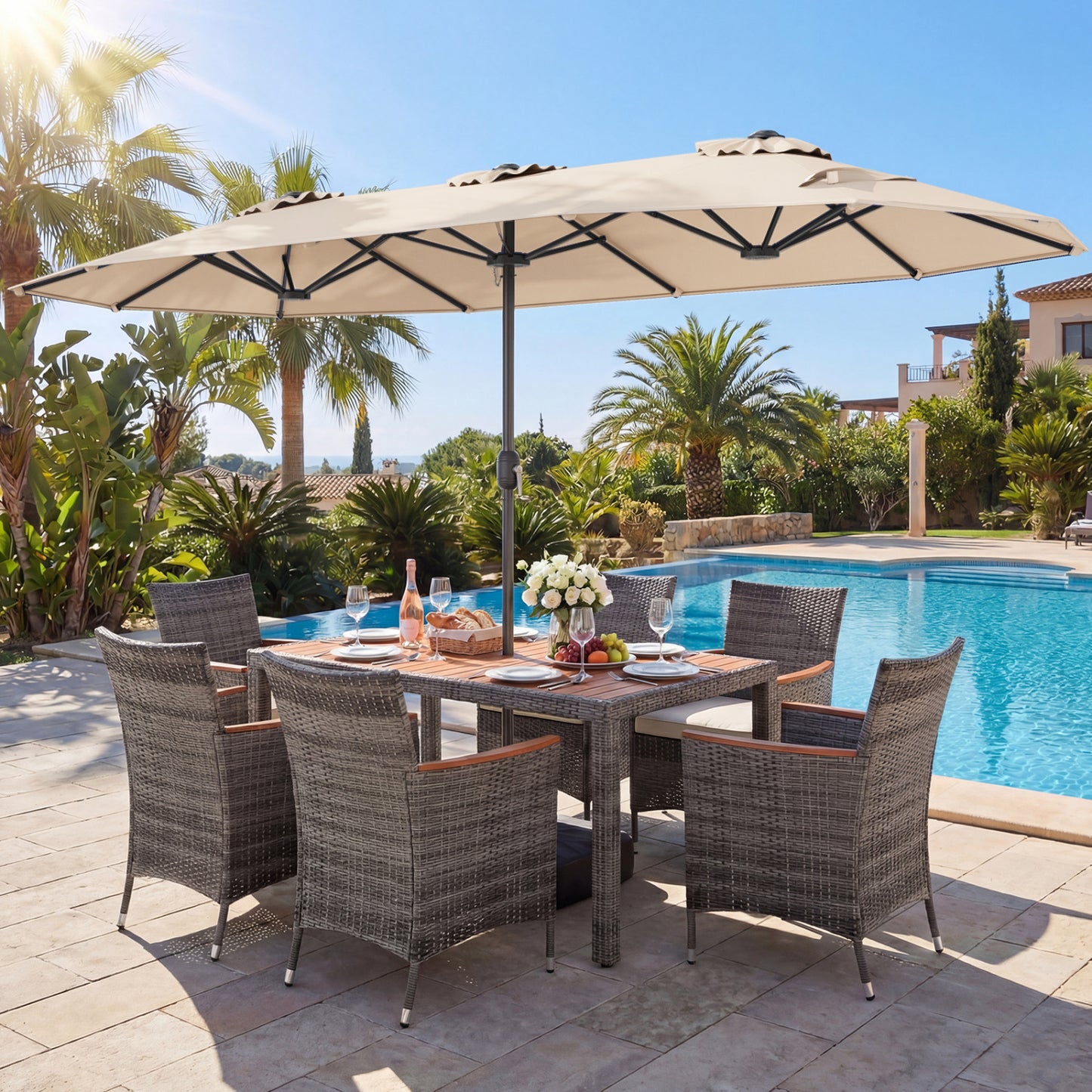 8-Piece Patio Dining Set with Double-Sided Market Umbrella-Beige