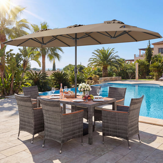 8-Piece Patio Dining Set with Double-Sided Market Umbrella-Brown
