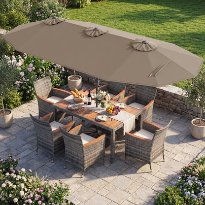 8-Piece Patio Dining Set with Double-Sided Market Umbrella-Brown