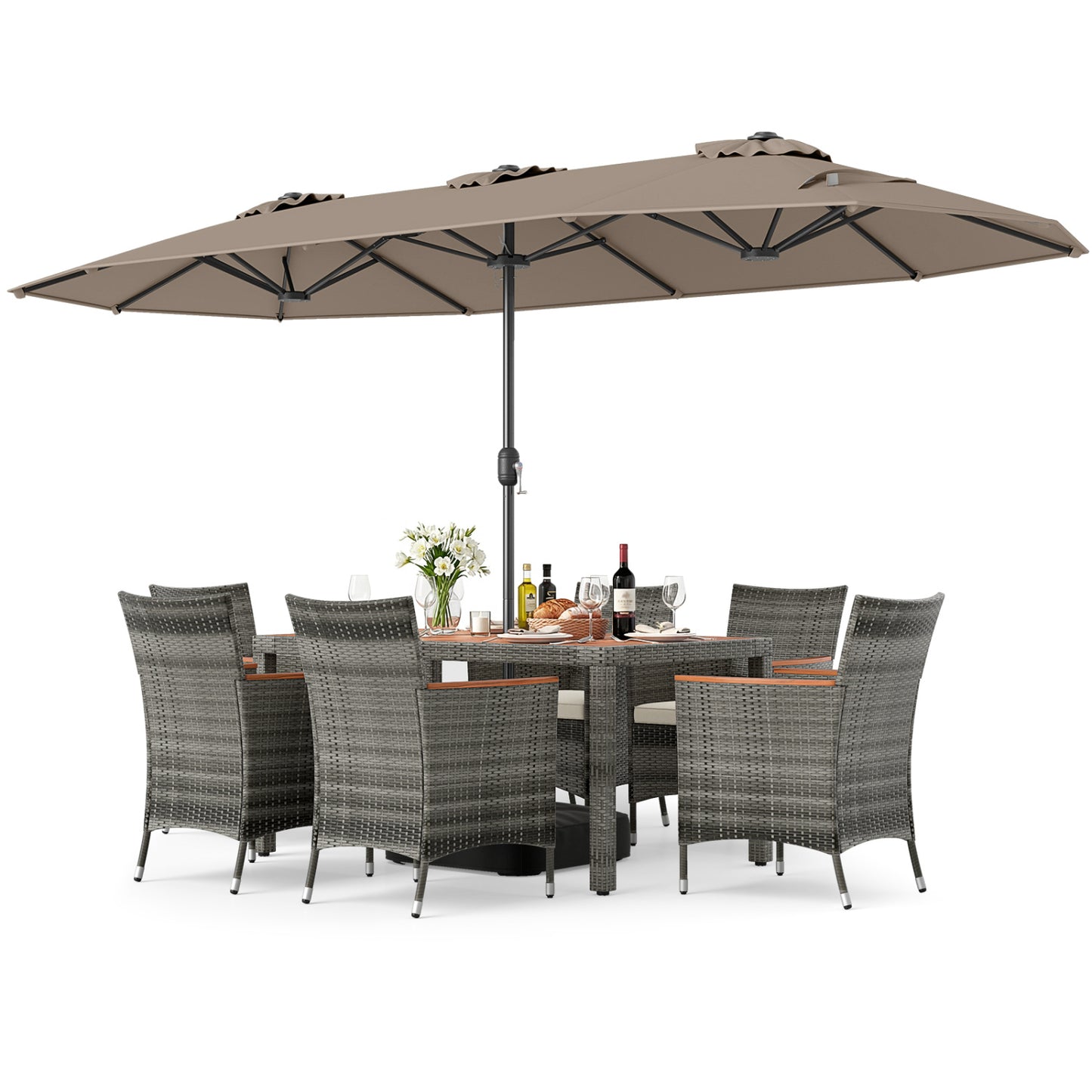 8-Piece Patio Dining Set with Double-Sided Market Umbrella-Brown