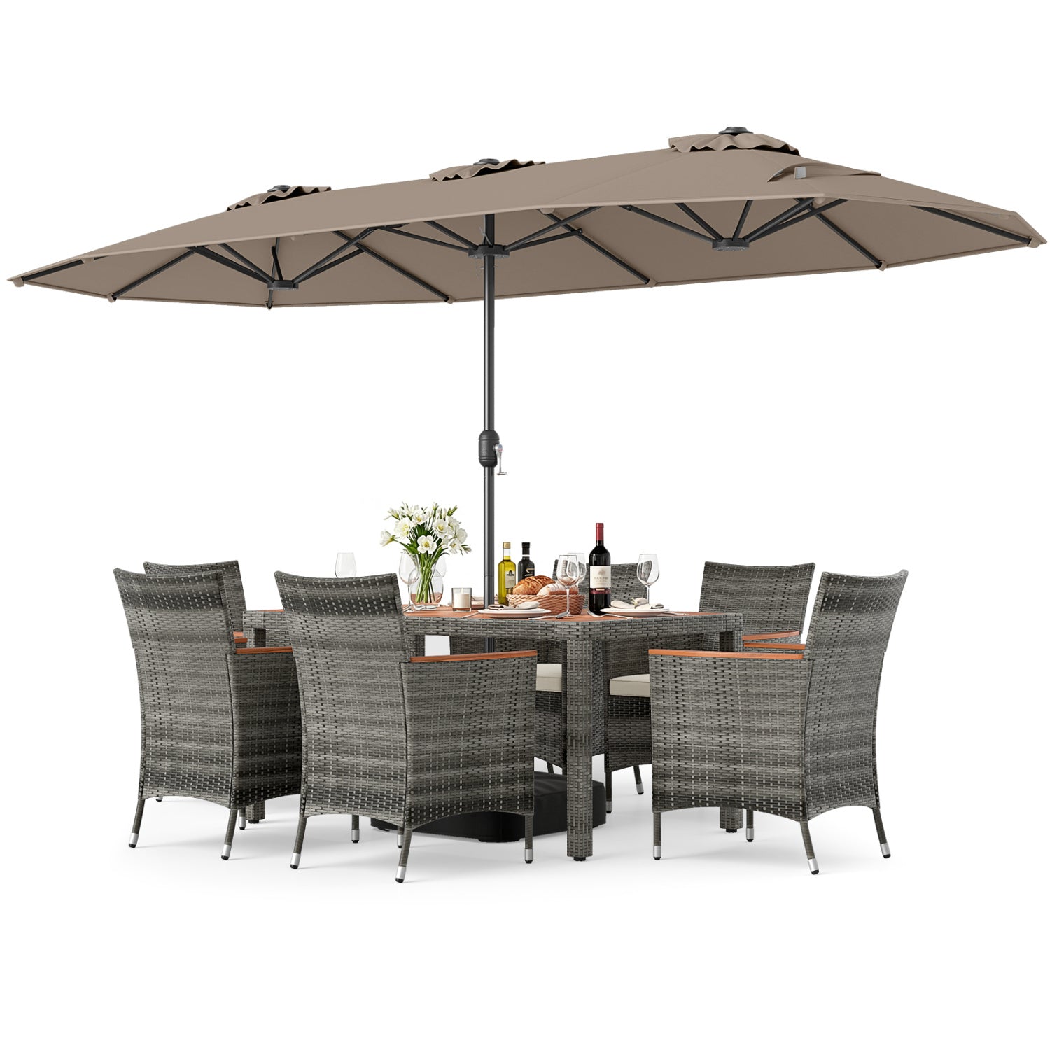 8-Piece Patio Dining Set with Double-Sided Market Umbrella-Brown