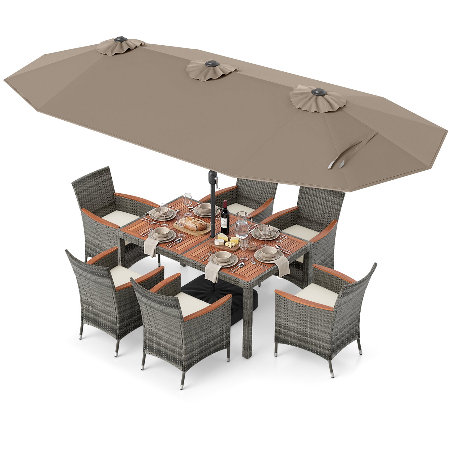 8-Piece Patio Dining Set with Double-Sided Market Umbrella-Brown