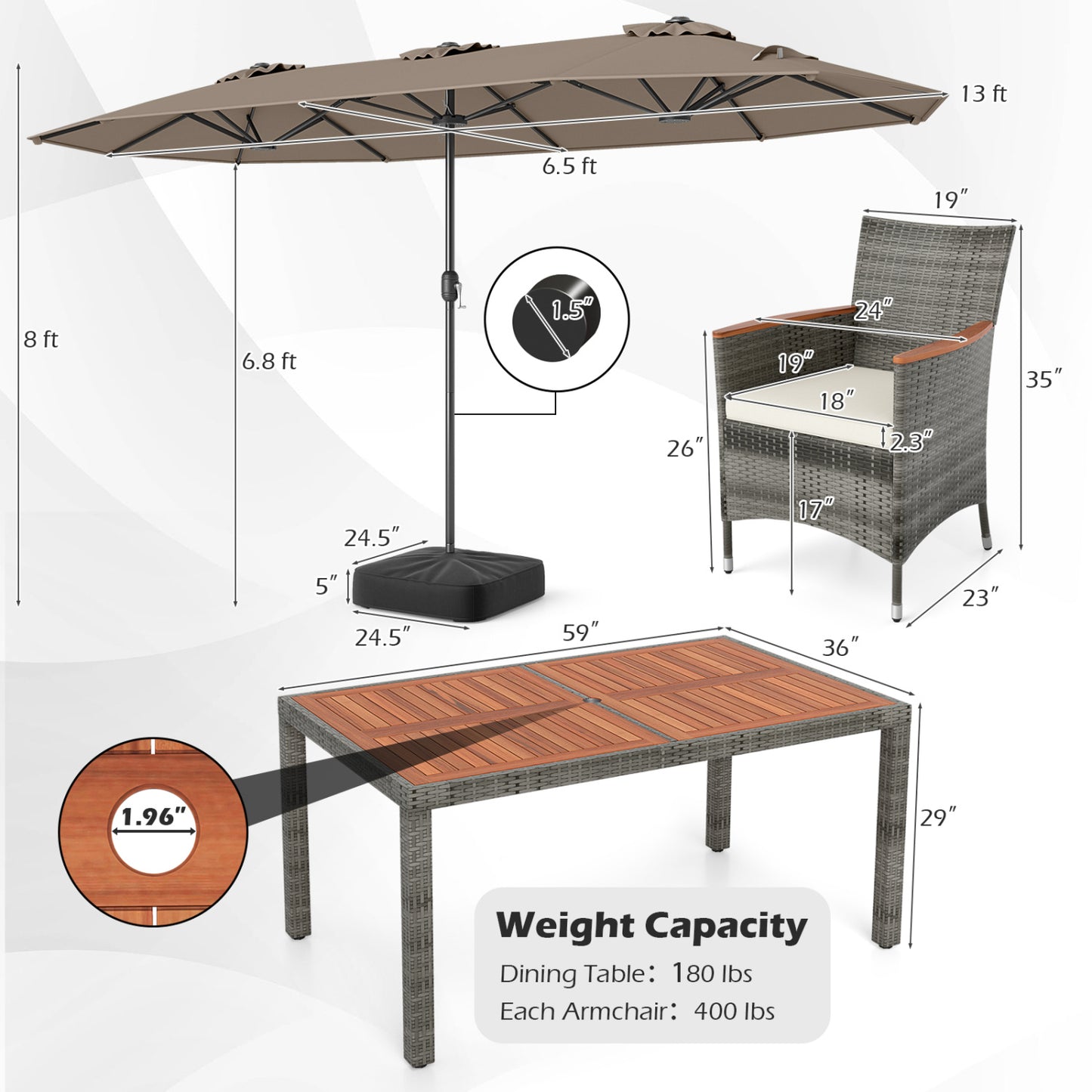 8-Piece Patio Dining Set with Double-Sided Market Umbrella-Brown