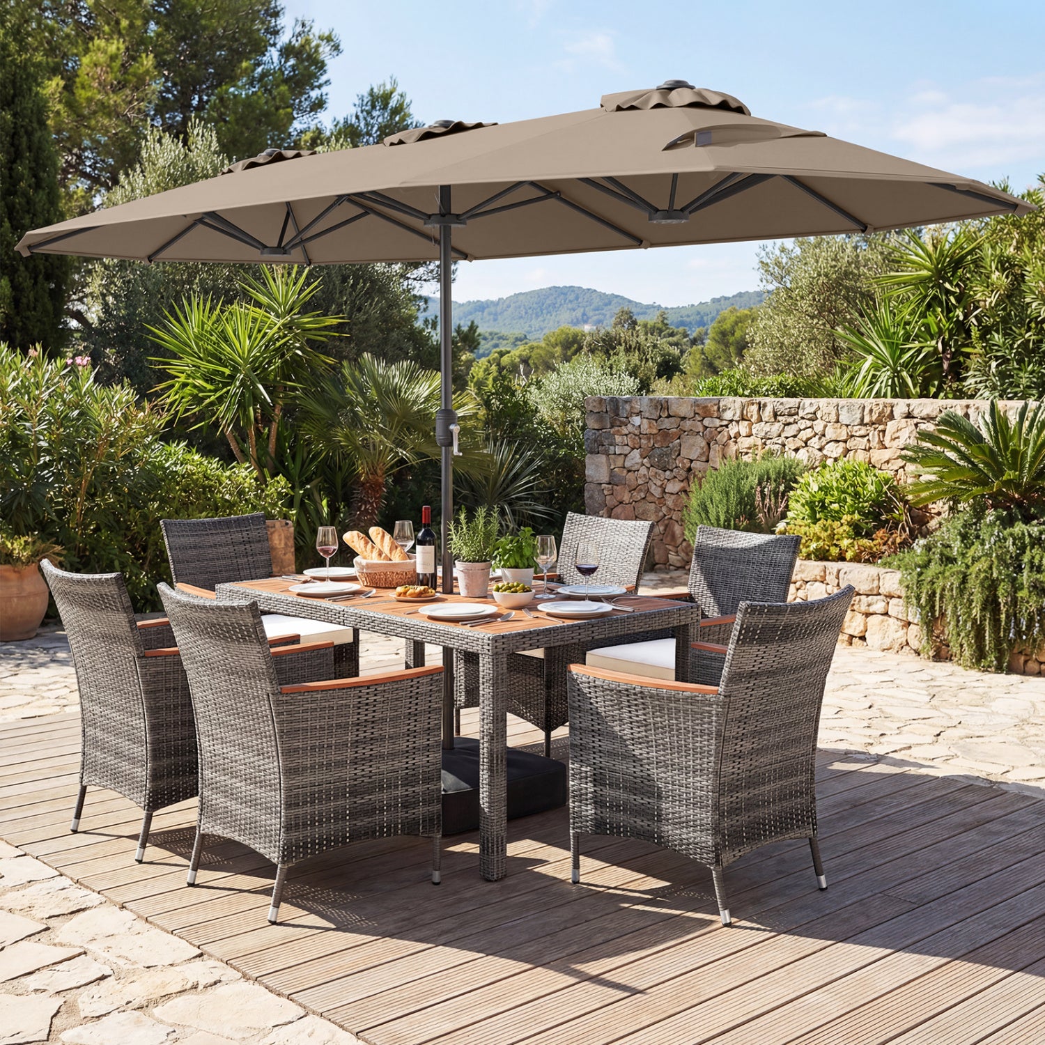8-Piece Patio Dining Set with Double-Sided Market Umbrella-Brown