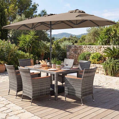 8-Piece Patio Dining Set with Double-Sided Market Umbrella-Brown