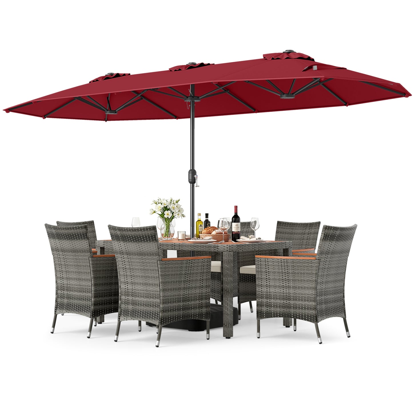8-Piece Patio Dining Set with Double-Sided Market Umbrella-Red