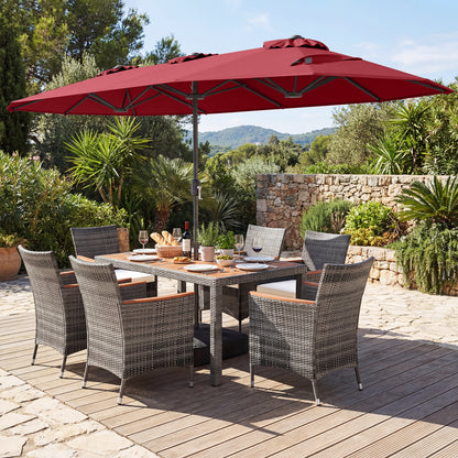 8-Piece Patio Dining Set with Double-Sided Market Umbrella-Red