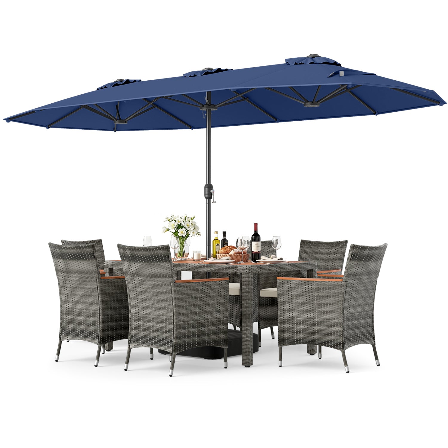 8-Piece Patio Dining Set with Double-Sided Market Umbrella-Navy