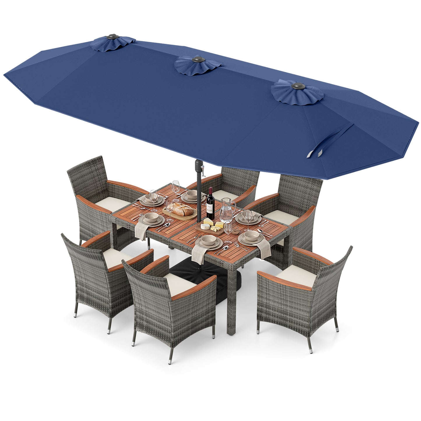 8-Piece Patio Dining Set with Double-Sided Market Umbrella-Navy