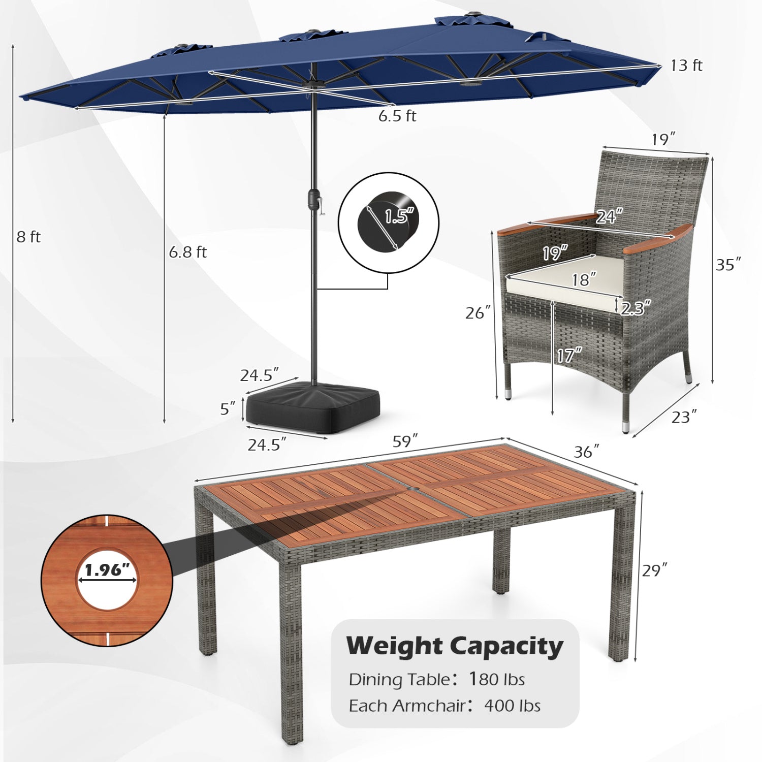 8-Piece Patio Dining Set with Double-Sided Market Umbrella-Navy