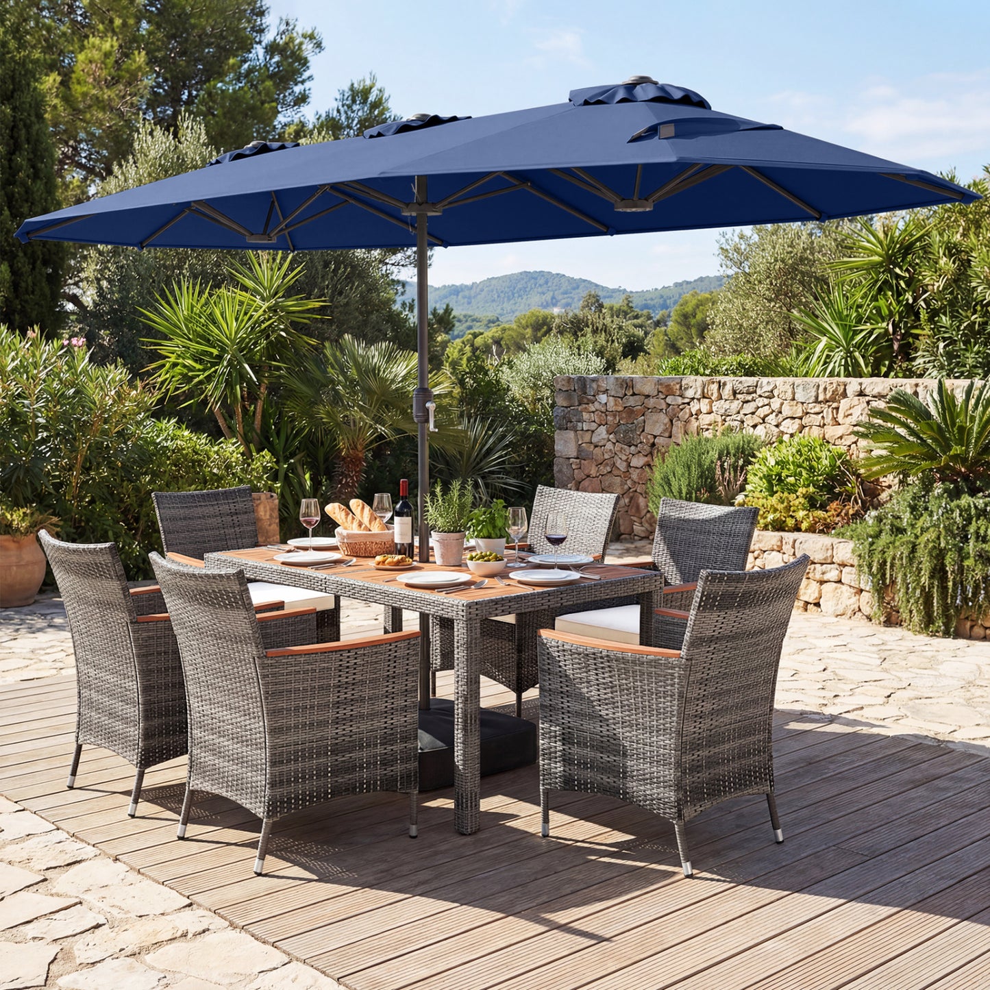 8-Piece Patio Dining Set with Double-Sided Market Umbrella-Navy