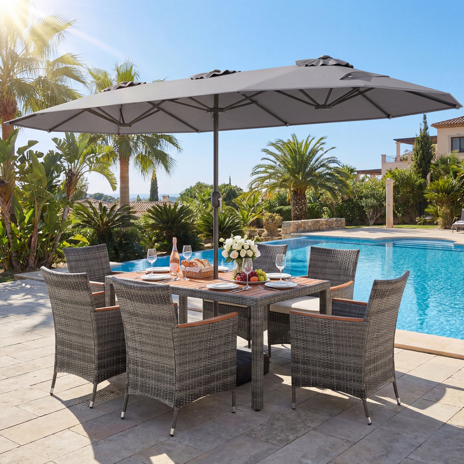8-Piece Patio Dining Set with Double-Sided Market Umbrella-Gray