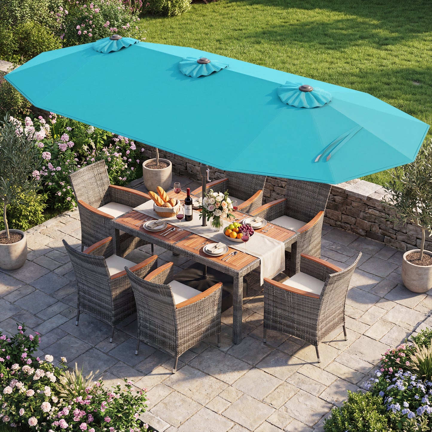 8-Piece Patio Dining Set with Double-Sided Market Umbrella-Turquoise