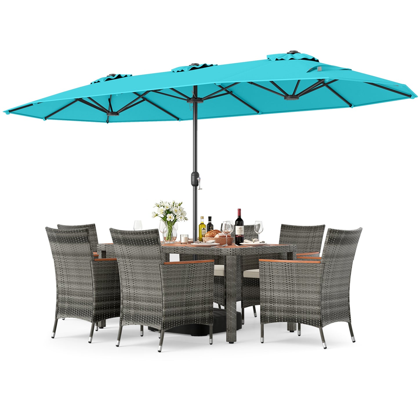 8-Piece Patio Dining Set with Double-Sided Market Umbrella-Turquoise