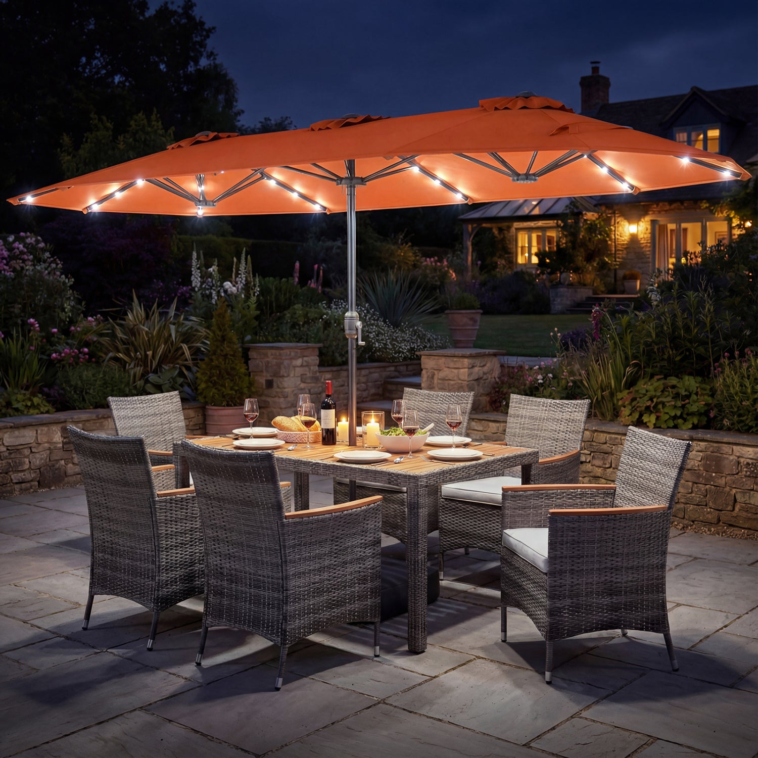 8 Pieces Outdoor Wicker Dining Furniture and 13.5 FT Double-Sided Patio Umbrella-Orange