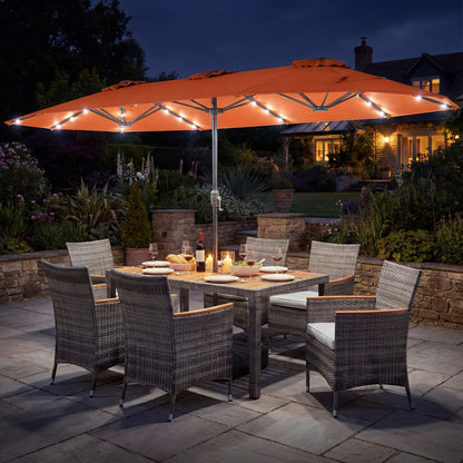 8 Pieces Outdoor Wicker Dining Furniture and 13.5 FT Double-Sided Patio Umbrella-Orange
