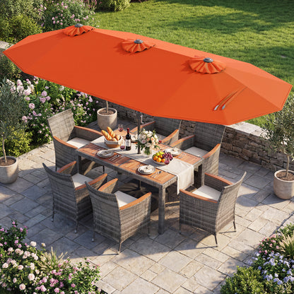 8 Pieces Outdoor Wicker Dining Furniture and 13.5 FT Double-Sided Patio Umbrella-Orange