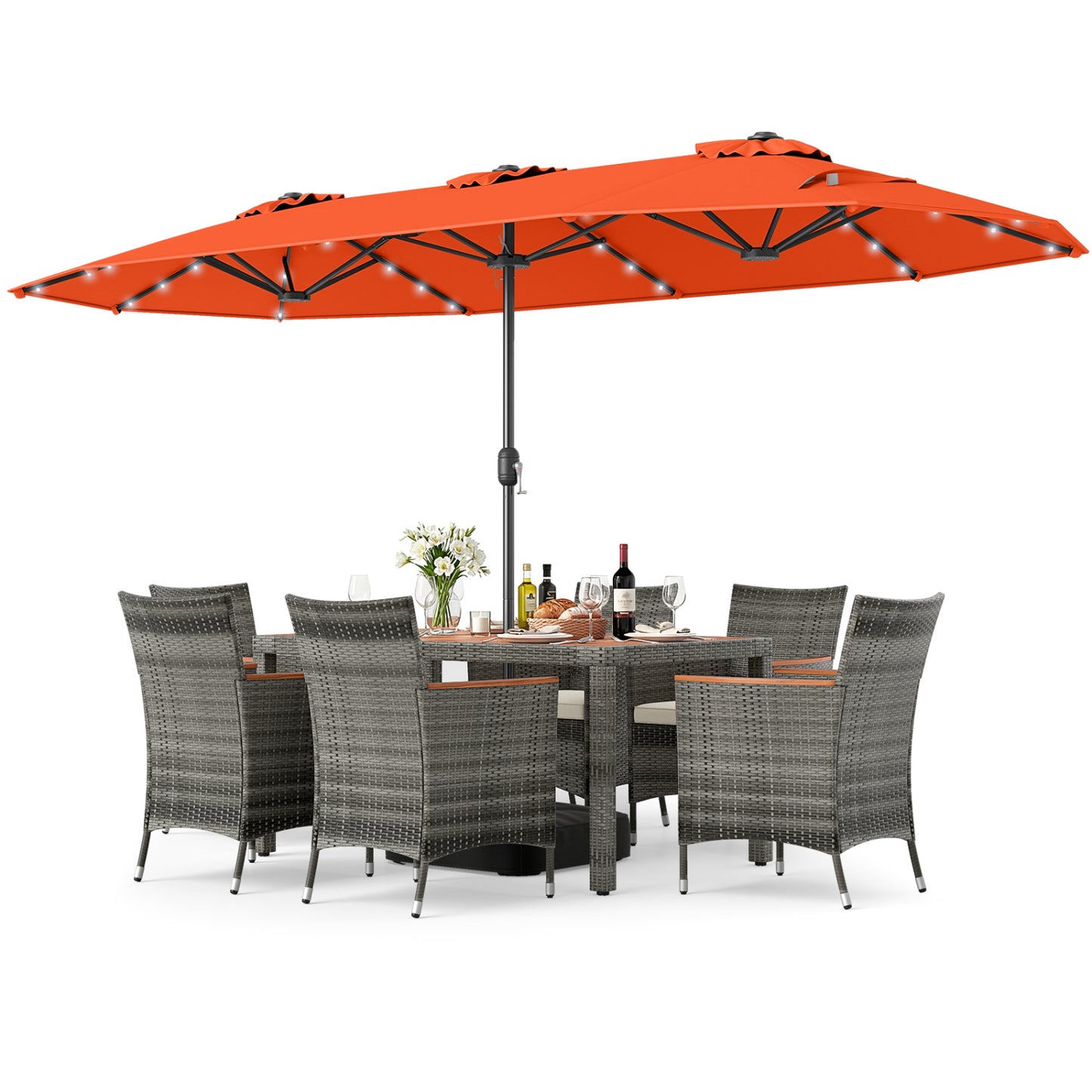 8 Pieces Outdoor Wicker Dining Furniture and 13.5 FT Double-Sided Patio Umbrella-Orange