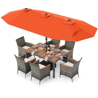 8 Pieces Outdoor Wicker Dining Furniture and 13.5 FT Double-Sided Patio Umbrella-Orange