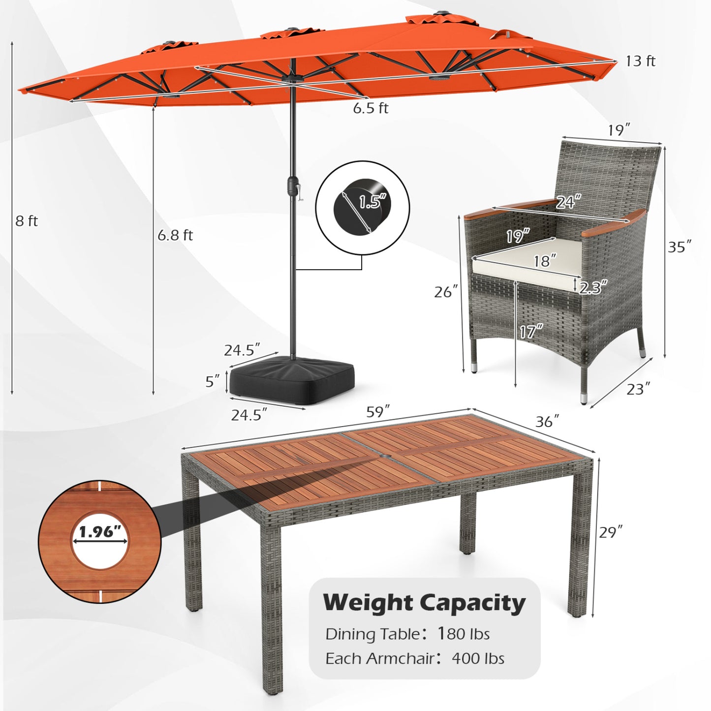 8 Pieces Outdoor Wicker Dining Furniture and 13.5 FT Double-Sided Patio Umbrella-Orange