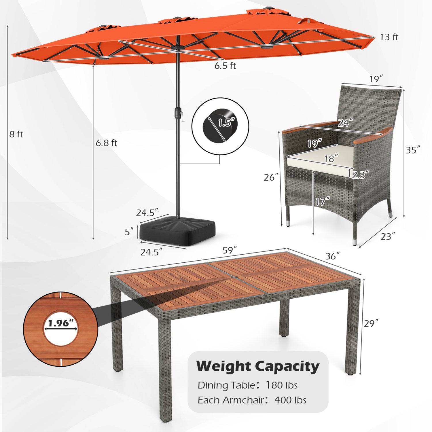 8 Pieces Outdoor Wicker Dining Furniture and 13.5 FT Double-Sided Patio Umbrella-Orange