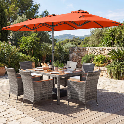 8 Pieces Outdoor Wicker Dining Furniture and 13.5 FT Double-Sided Patio Umbrella-Orange
