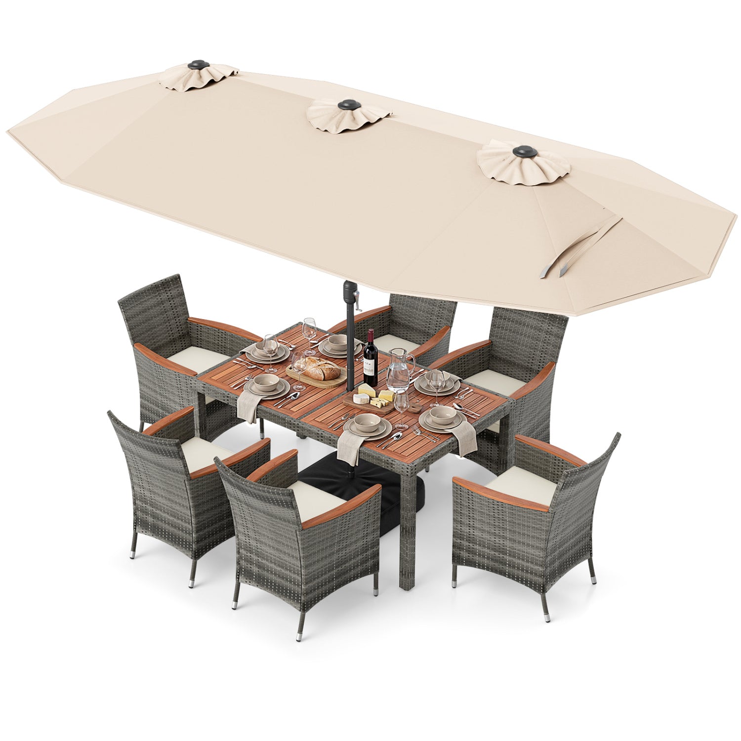 8 Pieces Outdoor Wicker Dining Furniture and 13.5 FT Double-Sided Patio Umbrella-Beige