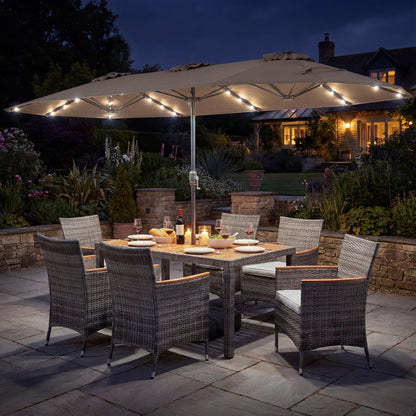 8 Pieces Outdoor Wicker Dining Furniture and 13.5 FT Double-Sided Patio Umbrella-Brown