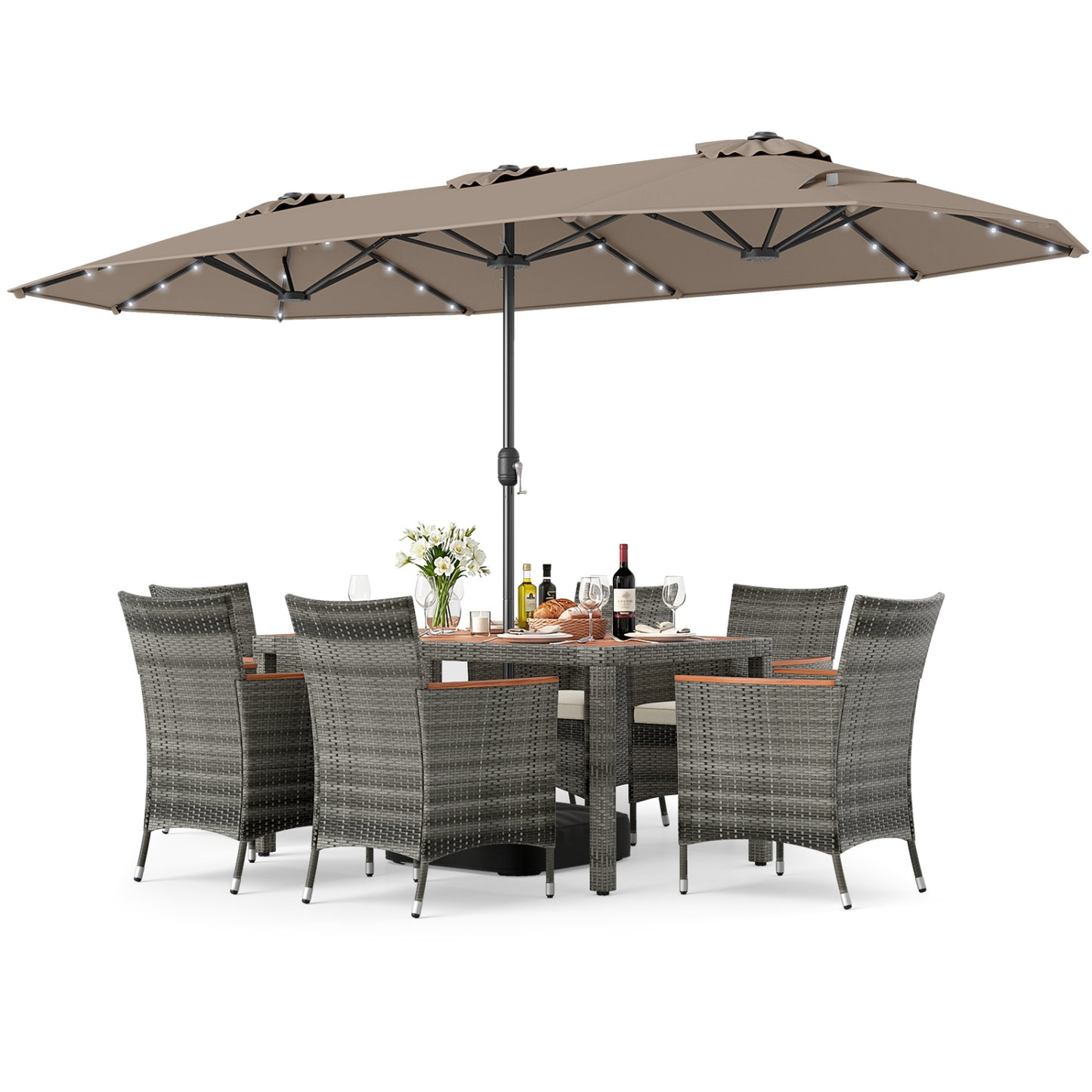 8 Pieces Outdoor Wicker Dining Furniture and 13.5 FT Double-Sided Patio Umbrella-Brown
