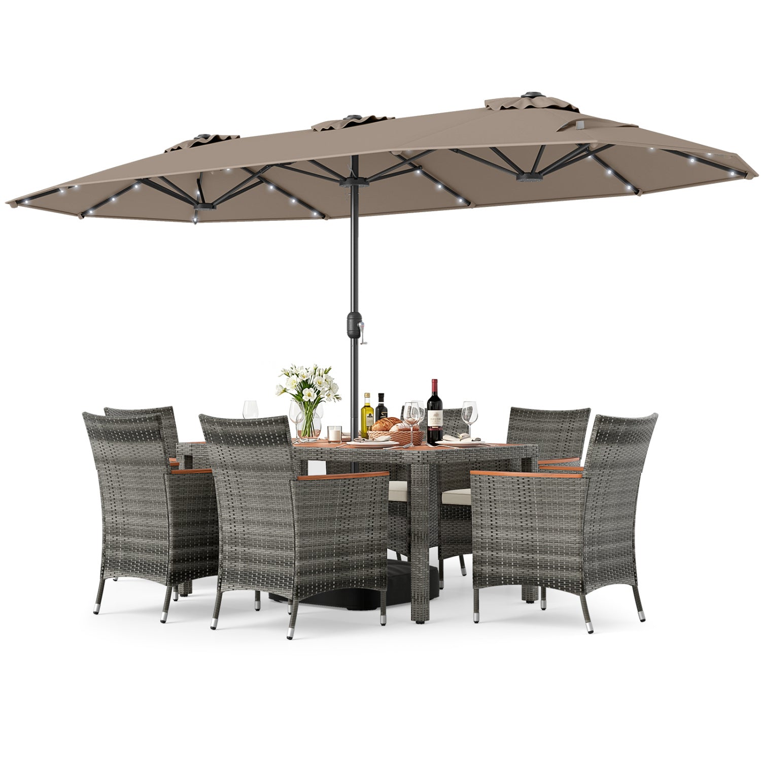 8 Pieces Outdoor Wicker Dining Furniture and 13.5 FT Double-Sided Patio Umbrella-Brown