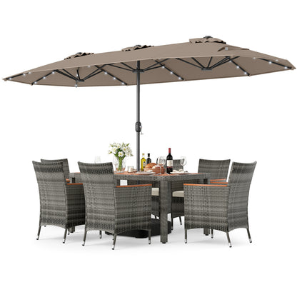 8 Pieces Outdoor Wicker Dining Furniture and 13.5 FT Double-Sided Patio Umbrella-Brown