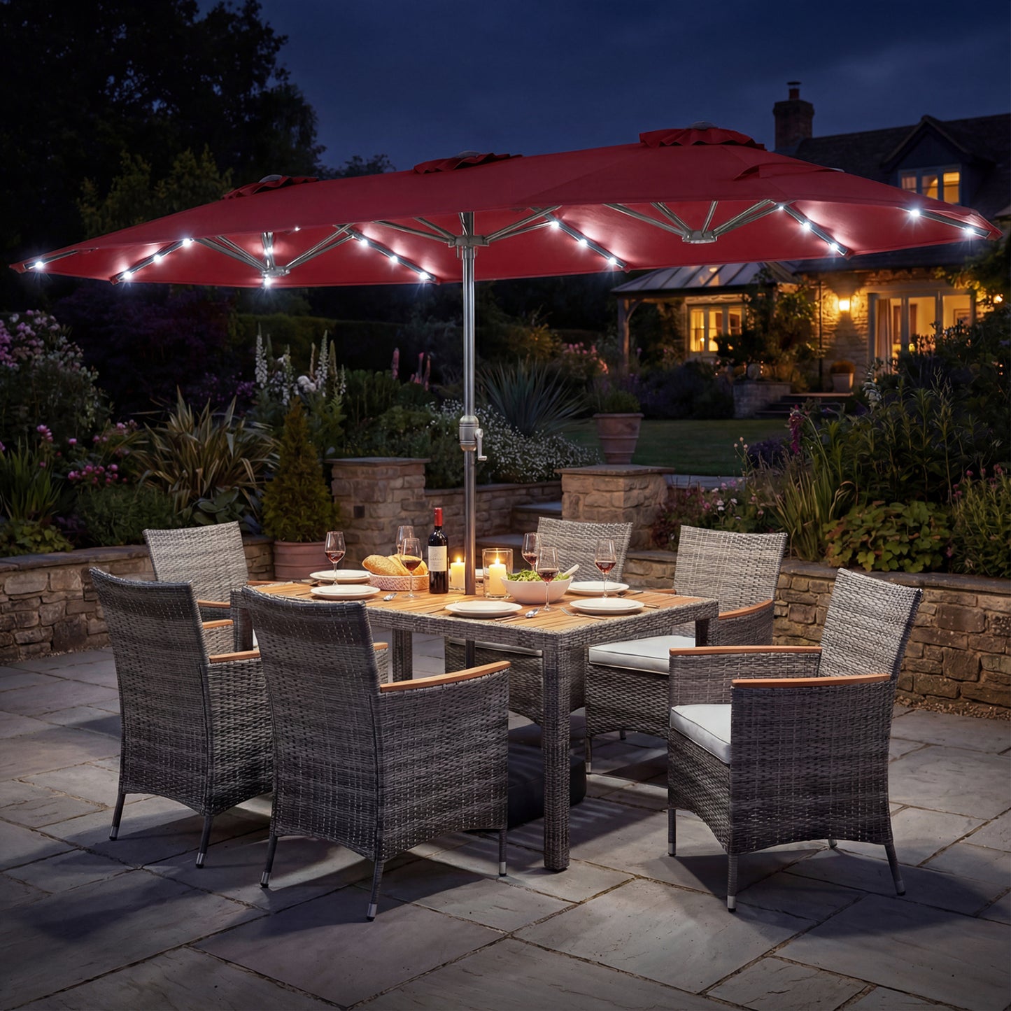 8 Pieces Outdoor Wicker Dining Furniture and 13.5 FT Double-Sided Patio Umbrella-Red