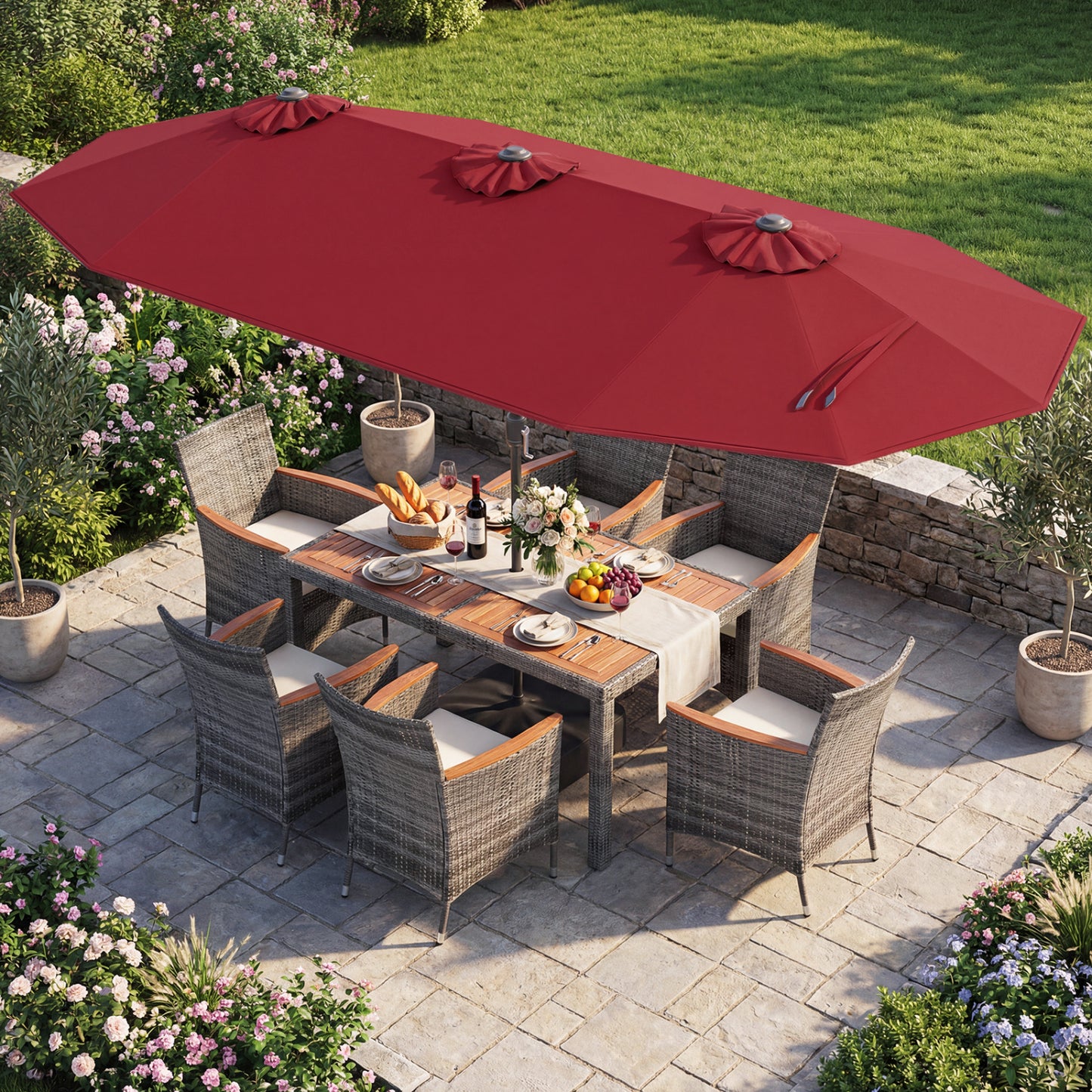 8 Pieces Outdoor Wicker Dining Furniture and 13.5 FT Double-Sided Patio Umbrella-Red