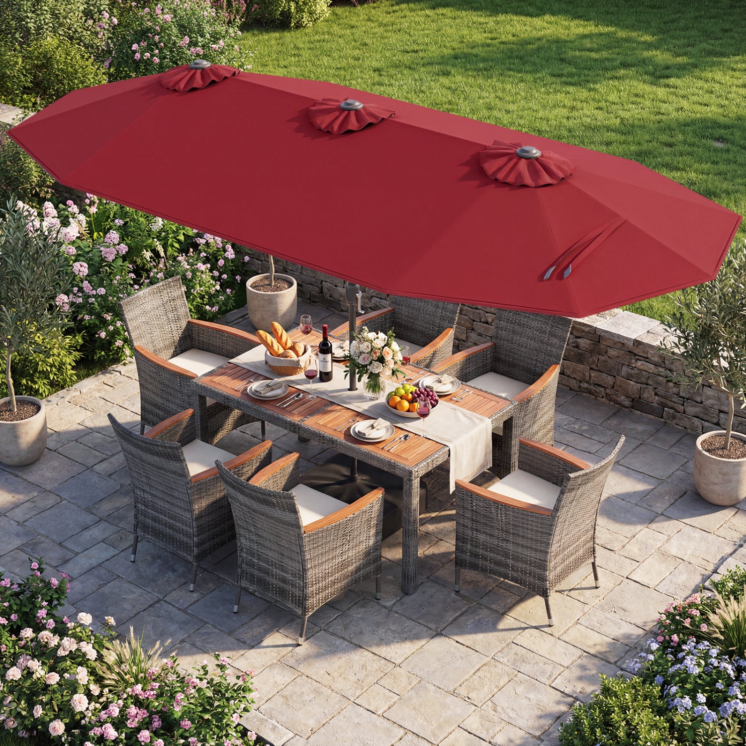 8 Pieces Outdoor Wicker Dining Furniture and 13.5 FT Double-Sided Patio Umbrella-Red