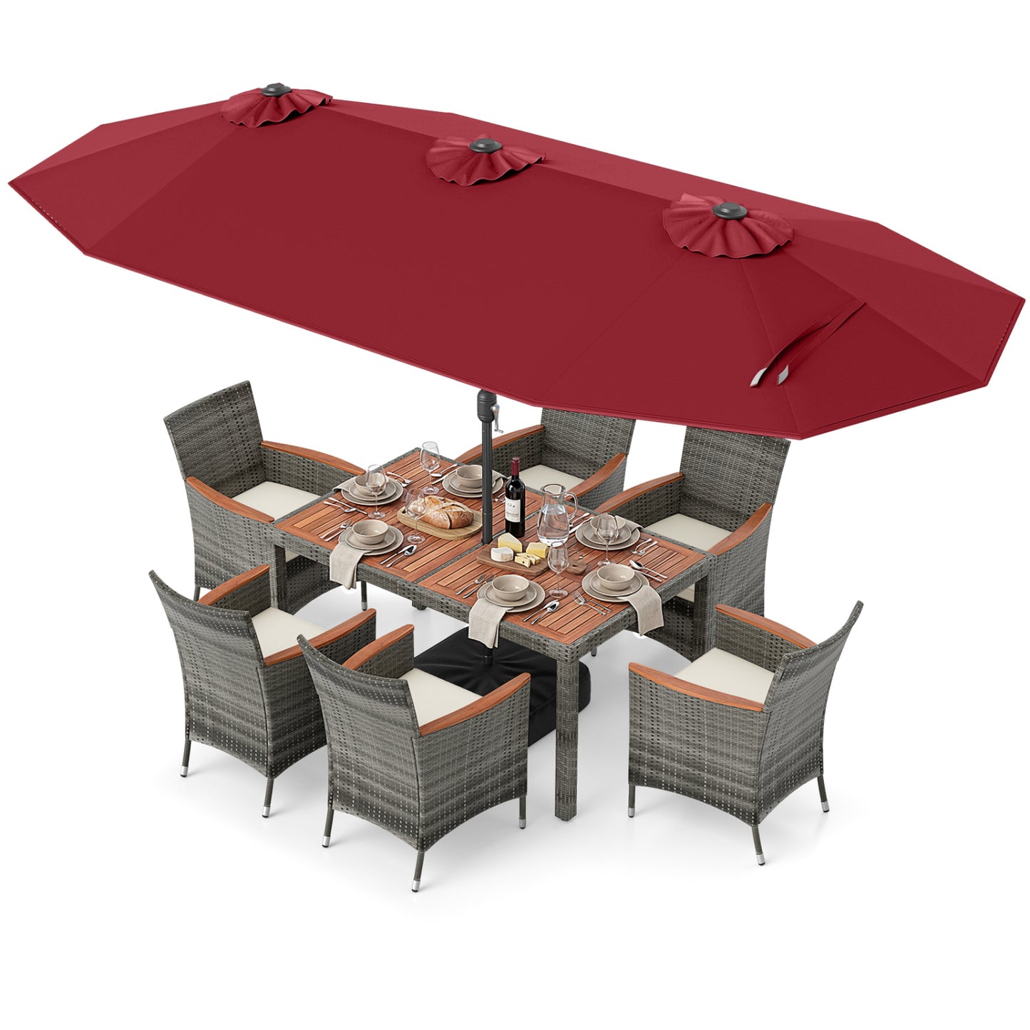 8 Pieces Outdoor Wicker Dining Furniture and 13.5 FT Double-Sided Patio Umbrella-Red