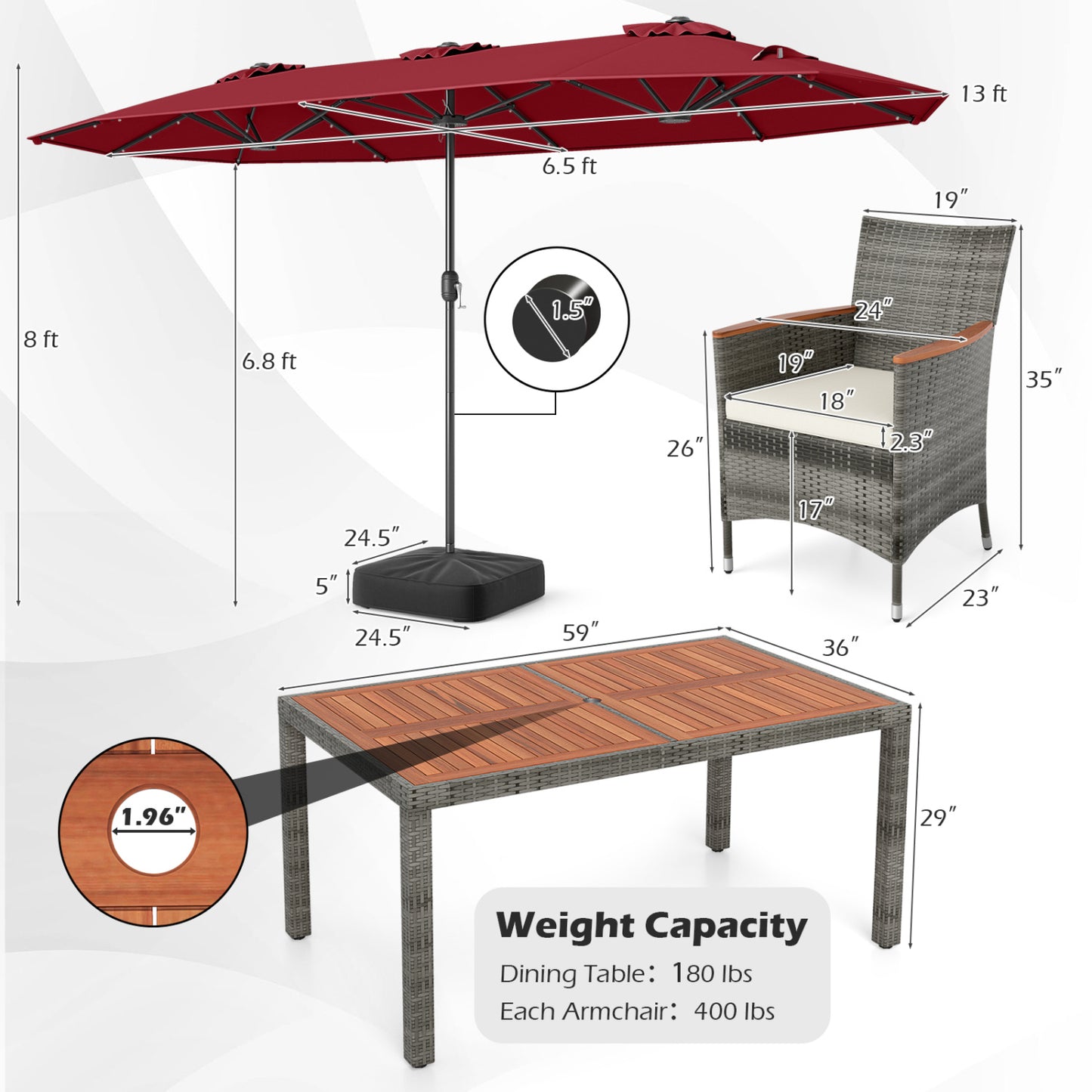 8 Pieces Outdoor Wicker Dining Furniture and 13.5 FT Double-Sided Patio Umbrella-Red