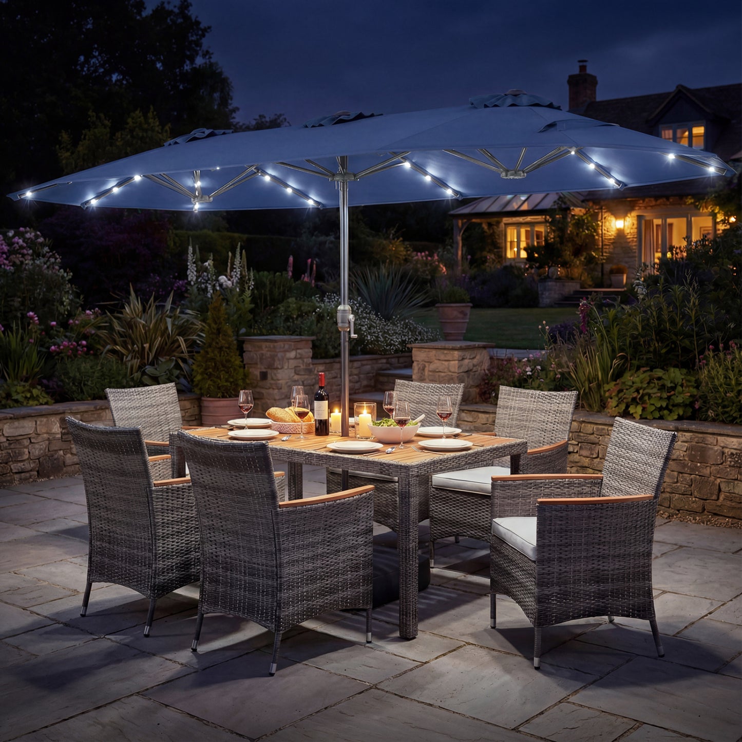 8 Pieces Outdoor Wicker Dining Furniture and 13.5 FT Double-Sided Patio Umbrella-Navy