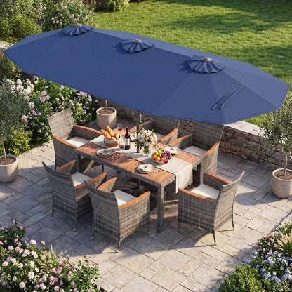 8 Pieces Outdoor Wicker Dining Furniture and 13.5 FT Double-Sided Patio Umbrella-Navy