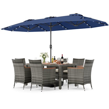 8 Pieces Outdoor Wicker Dining Furniture and 13.5 FT Double-Sided Patio Umbrella-Navy