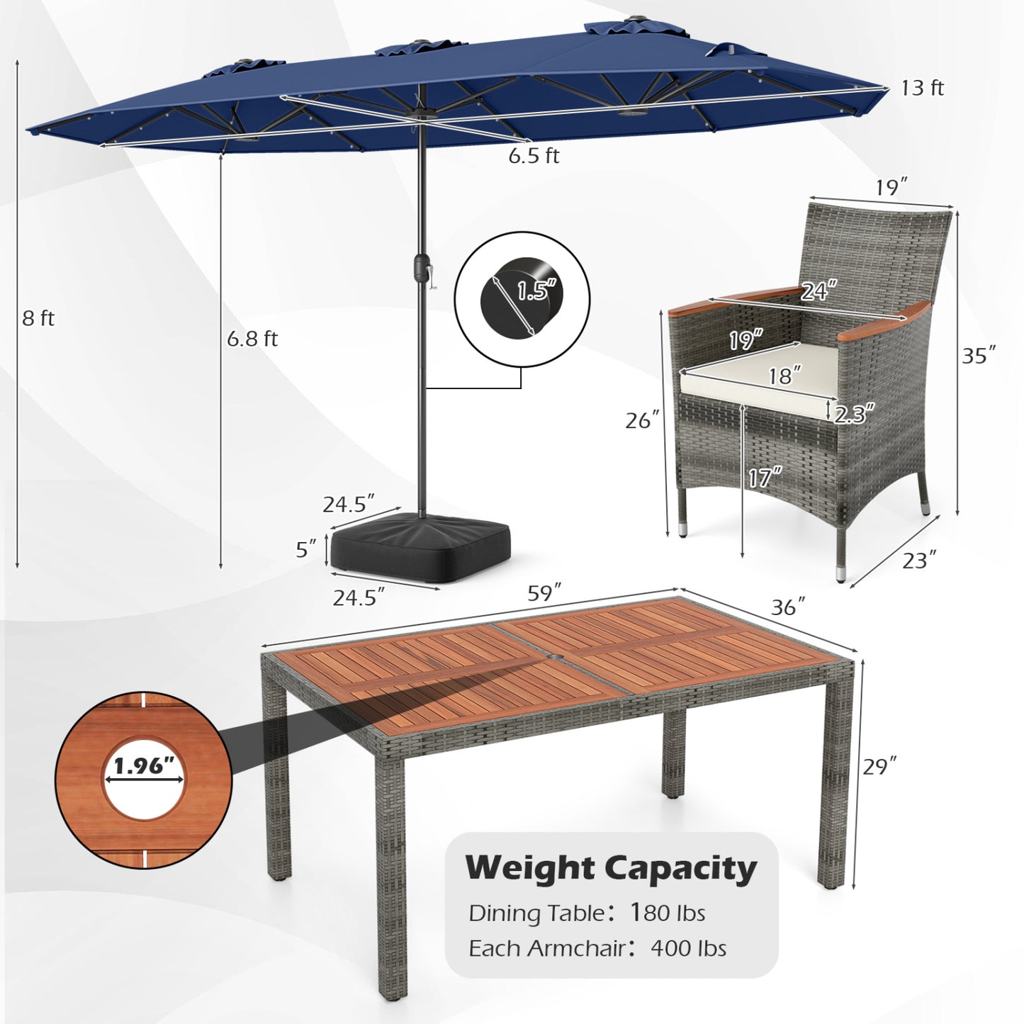 8 Pieces Outdoor Wicker Dining Furniture and 13.5 FT Double-Sided Patio Umbrella-Navy