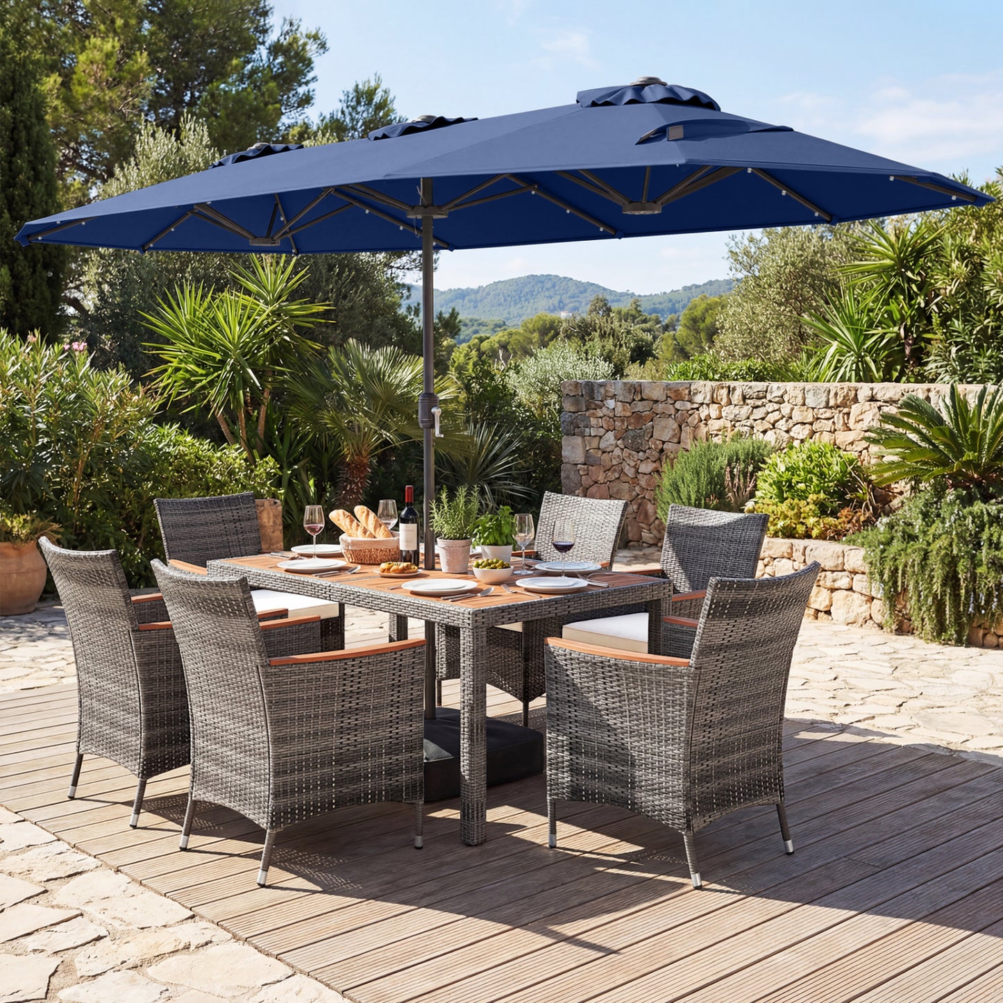 8 Pieces Outdoor Wicker Dining Furniture and 13.5 FT Double-Sided Patio Umbrella-Navy
