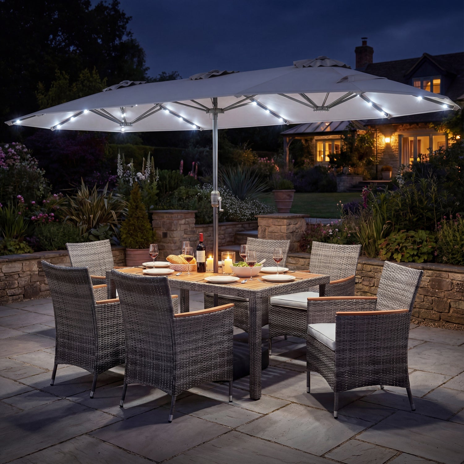 8 Pieces Outdoor Wicker Dining Furniture and 13.5 FT Double-Sided Patio Umbrella-Gray