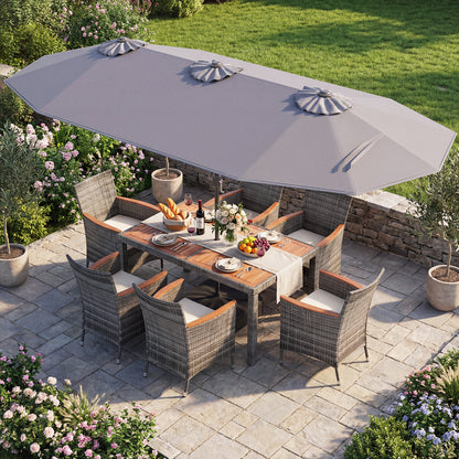 8 Pieces Outdoor Wicker Dining Furniture and 13.5 FT Double-Sided Patio Umbrella-Gray