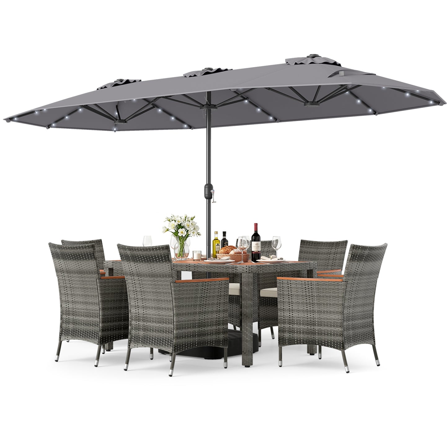 8 Pieces Outdoor Wicker Dining Furniture and 13.5 FT Double-Sided Patio Umbrella-Gray