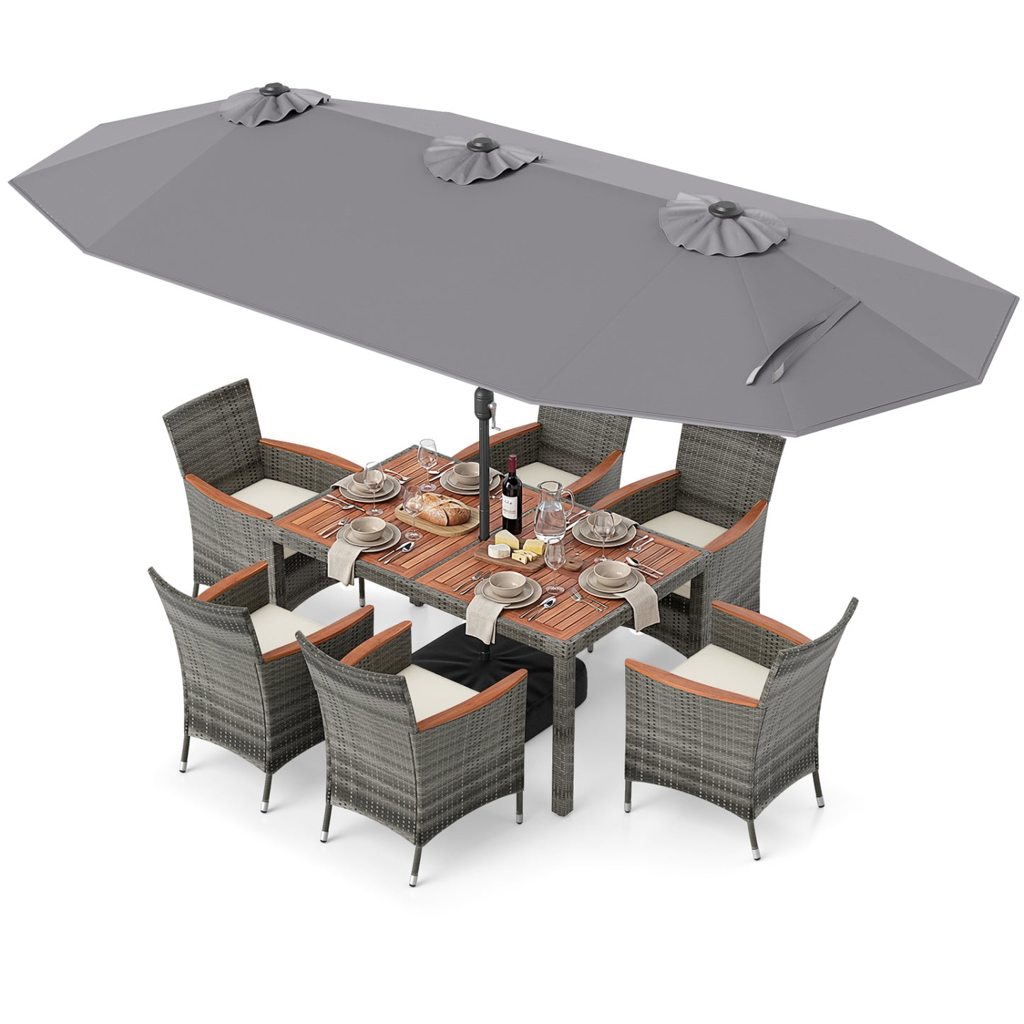 8 Pieces Outdoor Wicker Dining Furniture and 13.5 FT Double-Sided Patio Umbrella-Gray
