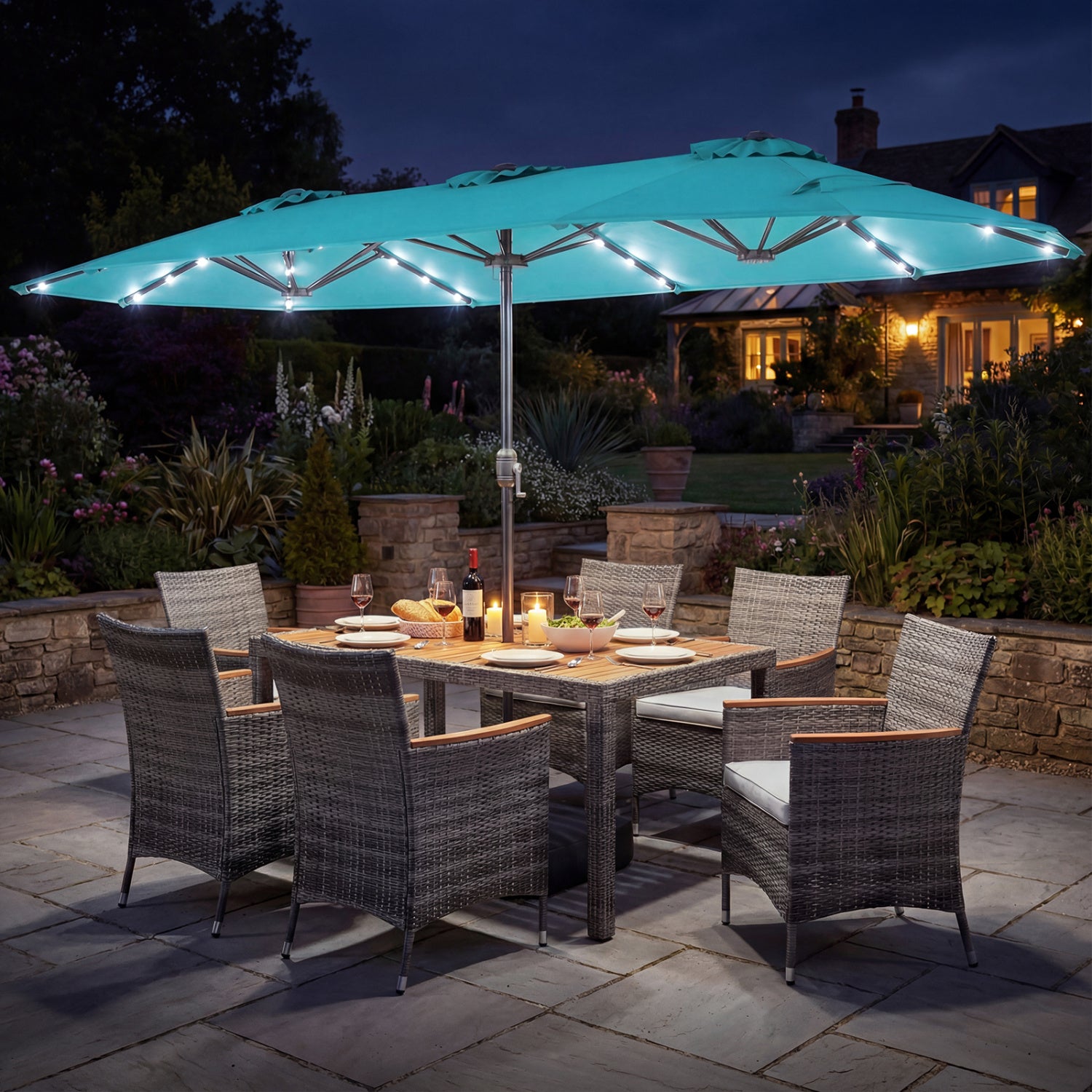 8 Pieces Outdoor Wicker Dining Furniture and 13.5 FT Double-Sided Patio Umbrella-Turquoise