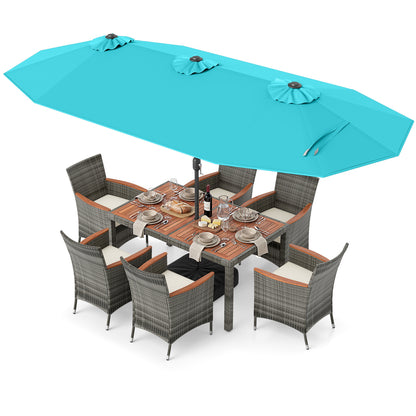 8 Pieces Outdoor Wicker Dining Furniture and 13.5 FT Double-Sided Patio Umbrella-Turquoise