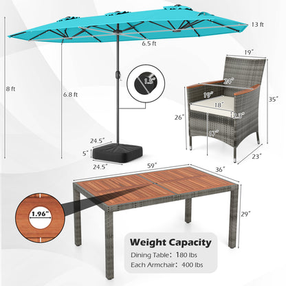 8 Pieces Outdoor Wicker Dining Furniture and 13.5 FT Double-Sided Patio Umbrella-Turquoise